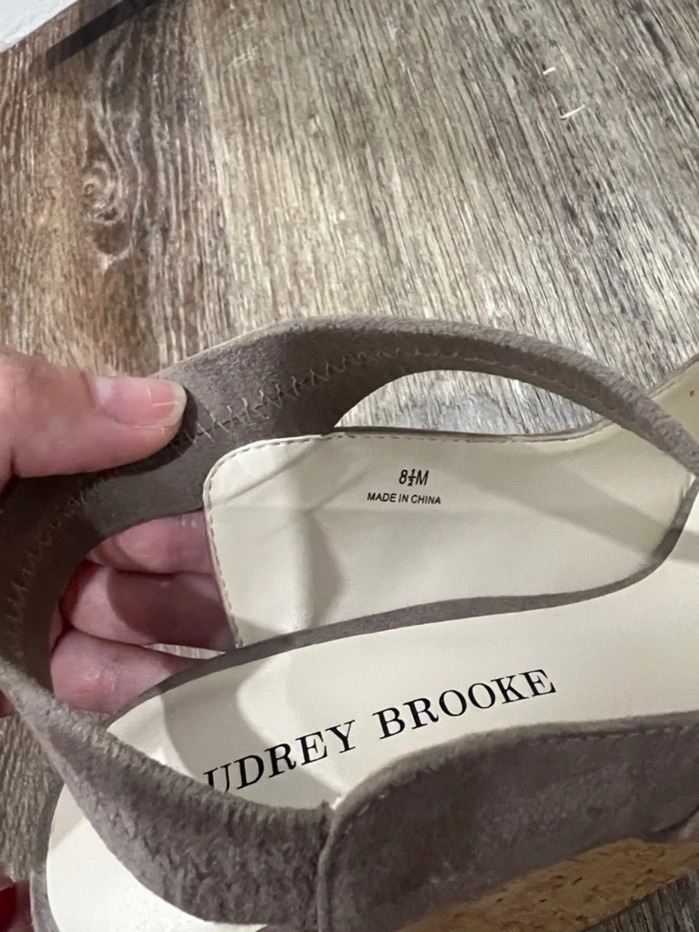 Audrey Brooke Taupe Suede Cork Wedge Slingback Sandals